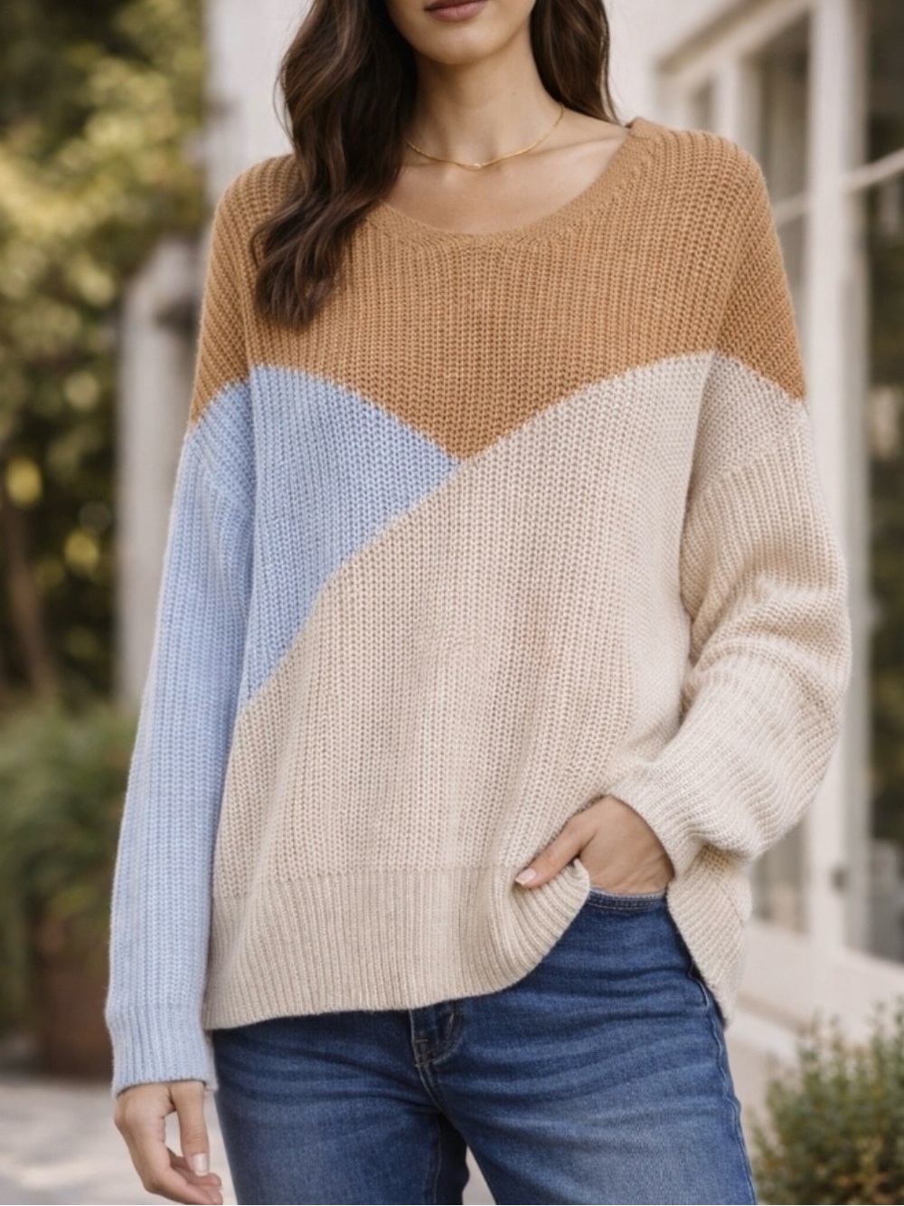 Neutral Colorblock V-Neck Sweater in Camel, Light Blue, and Cream